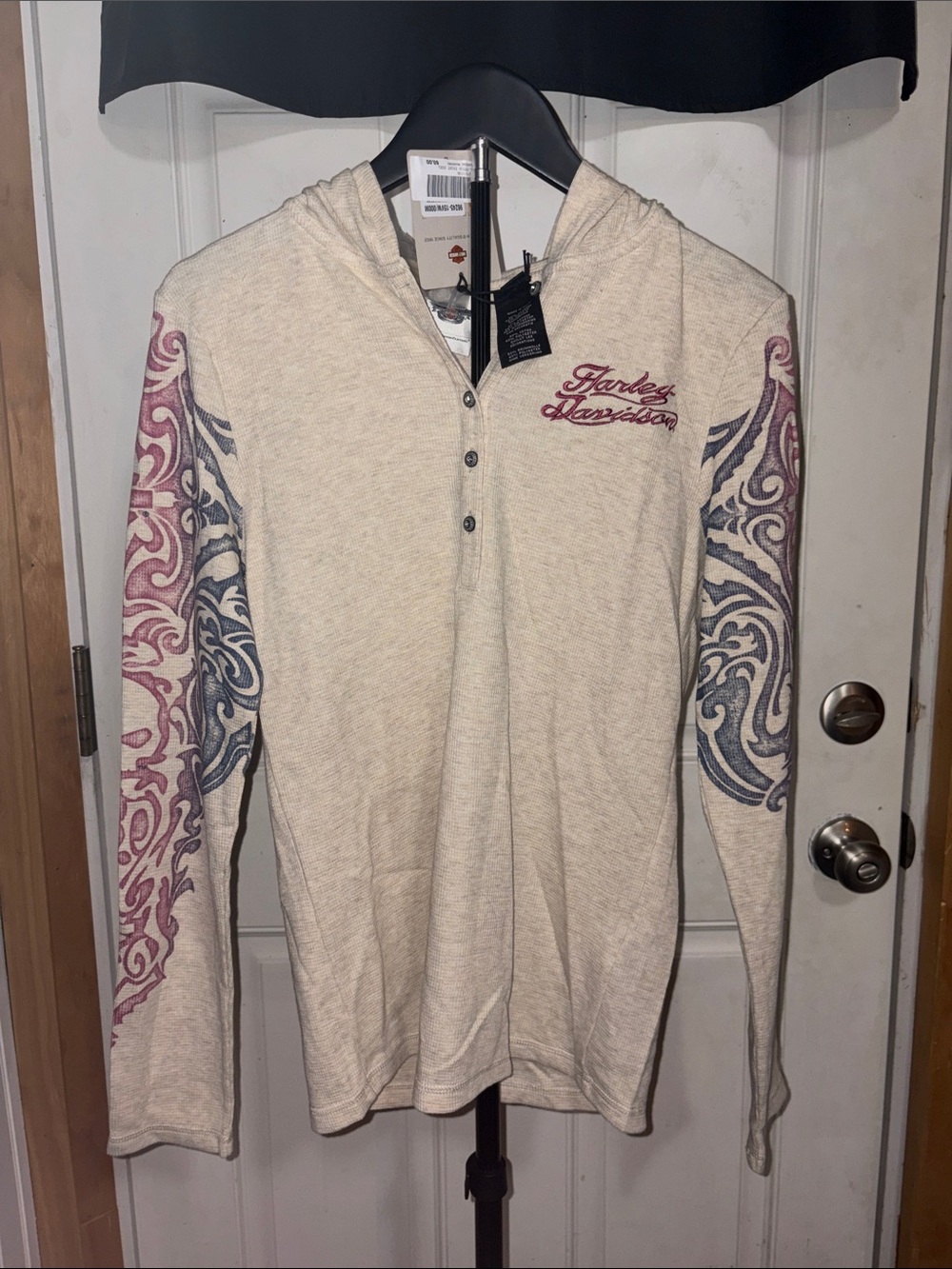 NWT Y2K Harley Davidson Tribal Thermal Henley Hooded Long Sleeve Top Sweater